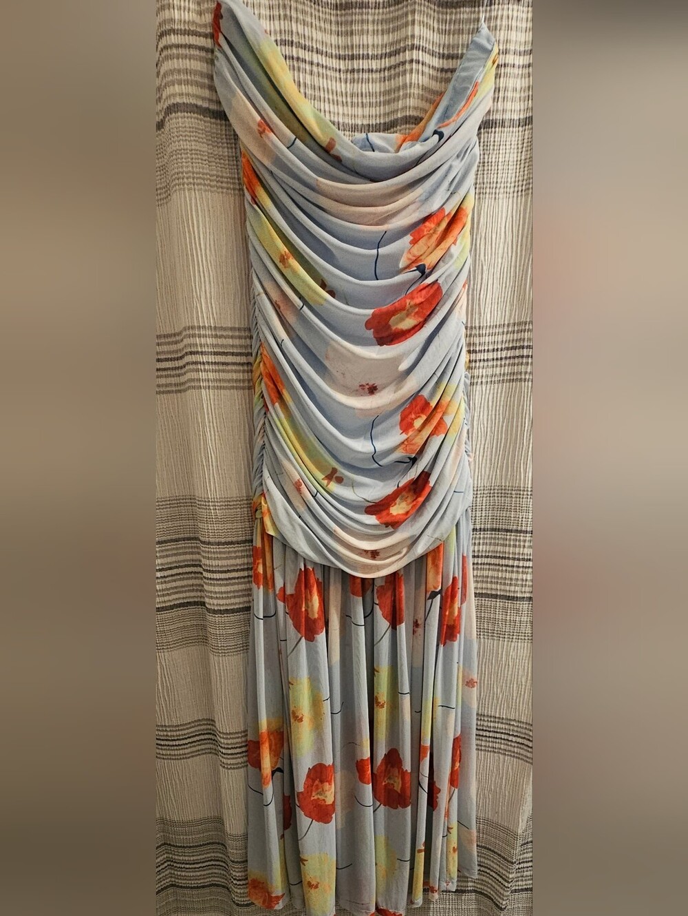 Bardot Light Blue Maxi Dress with Red-Orange Floral Print